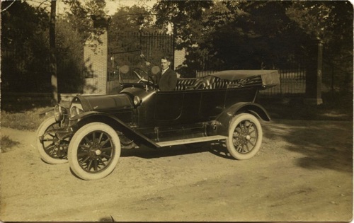 Harry Littell in his new 1914 car. Circa 1914. chs-004817
